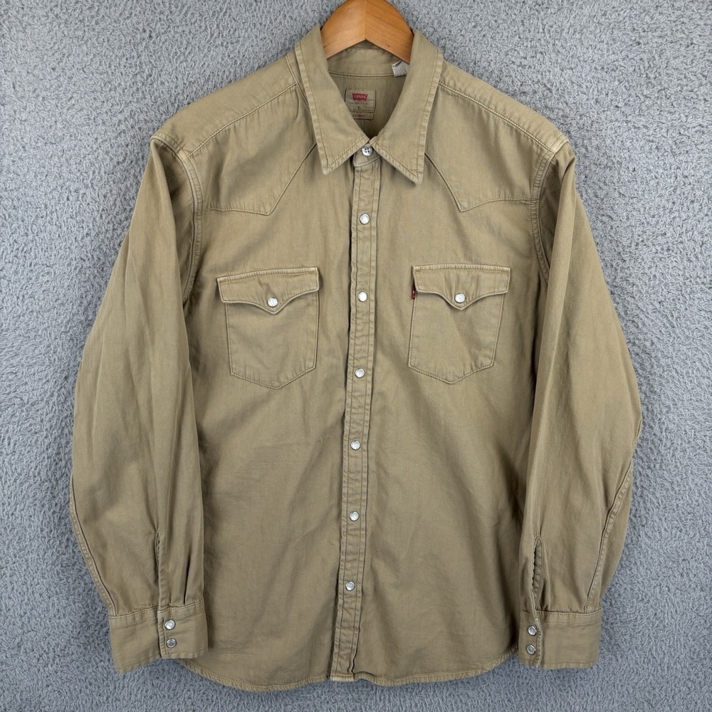 Levi's Pearl Snap Shirt Mens XL Tan Western Standard Fit Cotton Twill Cowboy